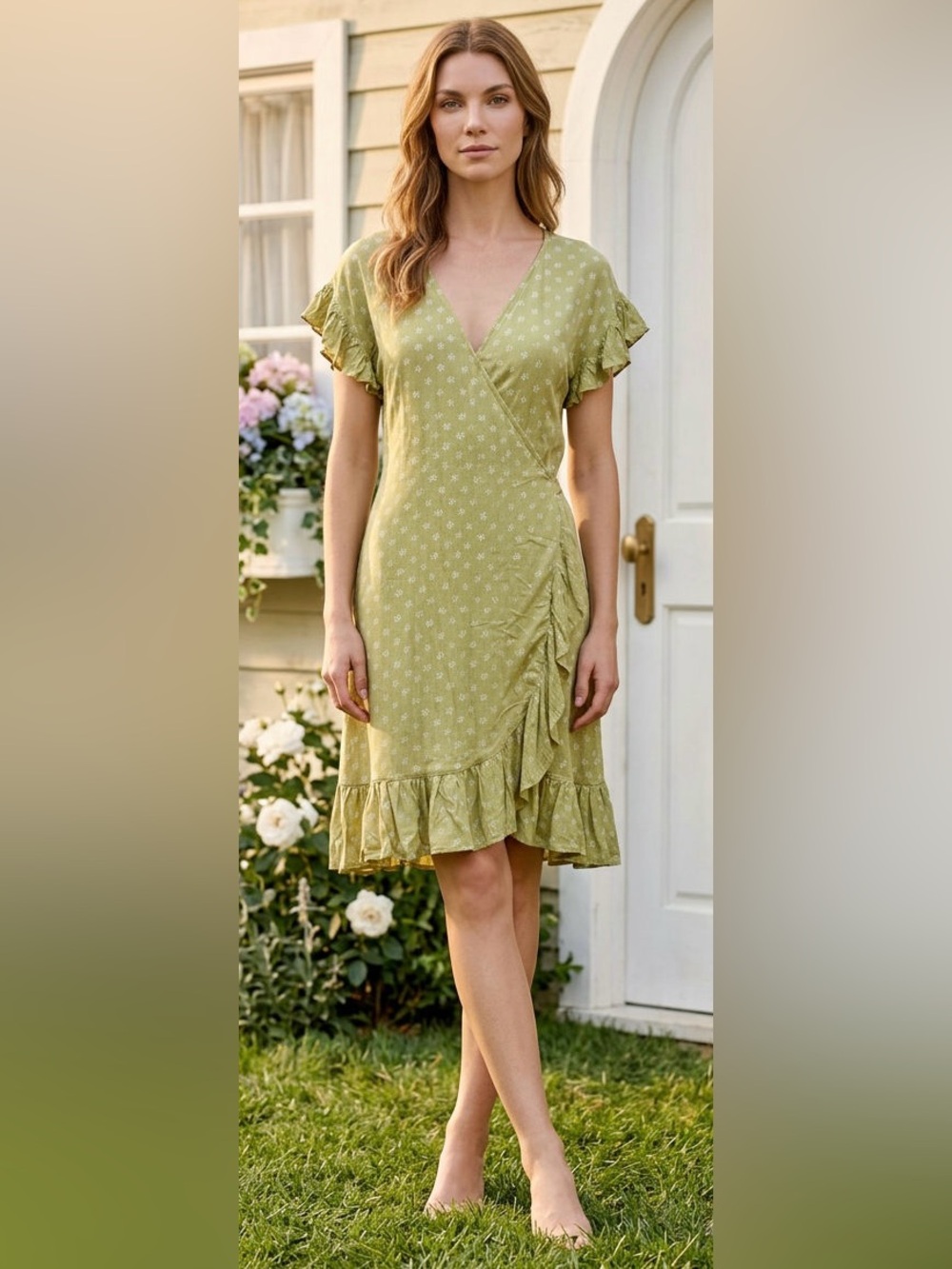 Ladies Billabong Short Dress Wraparound Ruffles Lime Green Floral Print SZ L